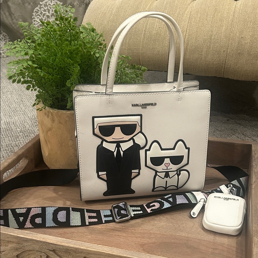 Karl Lagerfeld Paris Winter White Tote Iconic Graphic Guitar Strap Crossbody